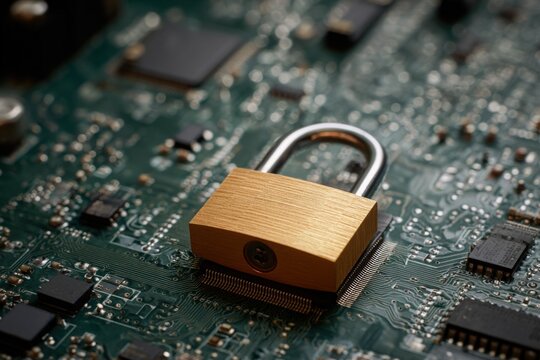 Gold padlock on circuit board symbolizing cybersecurity and data protection - Powered by Adobe