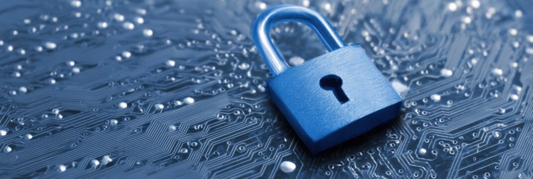 Blue padlock on circuit board symbolizing cybersecurity and data protection - Powered by Adobe