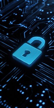 Digital security concept with glowing padlock on circuit background