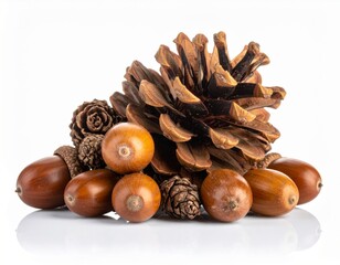 Arrangement of Pinecone and Acorns on a White Background