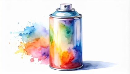 Obraz premium Watercolor Spray Can with Rainbow Splashes on White Background