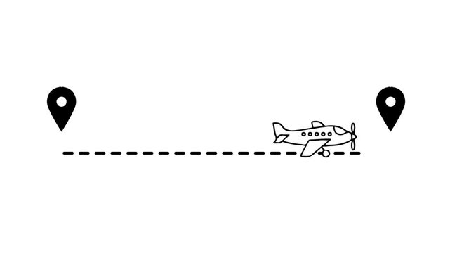 Minimalist Airplane Flight Animation with Map Pin Locations and Dotted Line Path on White Background