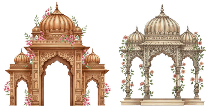 Pair of royal Rajasthani gazebos adorned with flowers for high-end Indian wedding invitations and cultural event graphics.