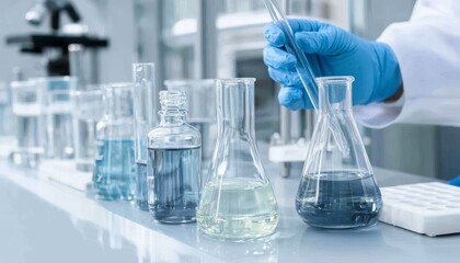 Clear gray liquids in beakers and test tubes are on display.