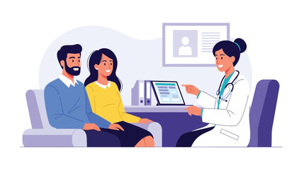 Medical Consultation: A couple engaged in a medical consultation with a healthcare professional, examining a tablet for a diagnosis. The consultation takes place in a bright medical environment.