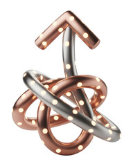 Intricate metallic knot adorned with luminous dots and an upward arrow symbol isolated on transparent background, illustration