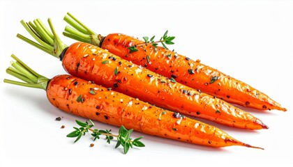 Three Vibrant Carrots Topped with Herbs and Salt on White Background