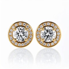 Pair of Golden Round Stud Earrings with White Gemstone on White Surface