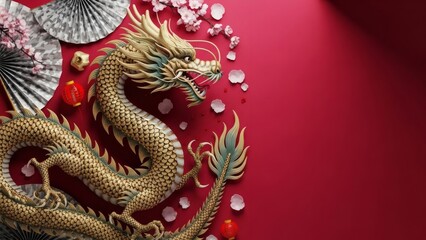 Fototapeta premium Chinese Dragon Decoration on Red Background