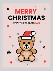 Festive Teddy Bear Greeting Card &ndash; Merry Christmas & Happy New Year  2026 Illustration Flyer Design