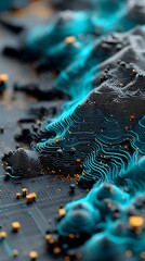 Abstract topographic circuit board illustration with teal lines and orange particles creating unique digital art