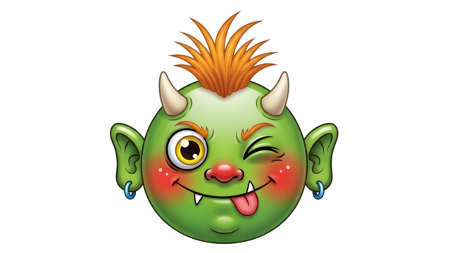 Green cartoon devil face isolated on transparent background - Powered by Adobe
