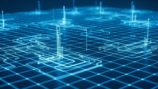 Abstract digital network grid with glowing blue lines and nodes, representing data flow and connectivity. - Powered by Adobe