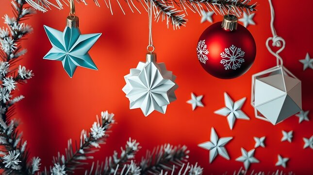 High-Angle Christmas Decorations with Origami Stars and Warm Festive Tones - Powered by Adobe