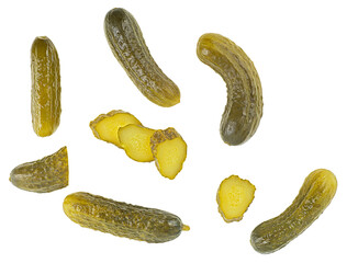 Pickled cucumbers and slices isolated on a white background , view from above. Flat lay. Set of delicious pickles.