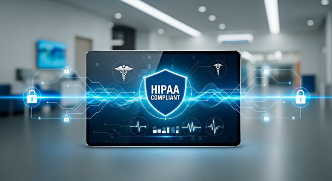 HIPAA compliant concept with shield and digital tablet for the concept of health information security.