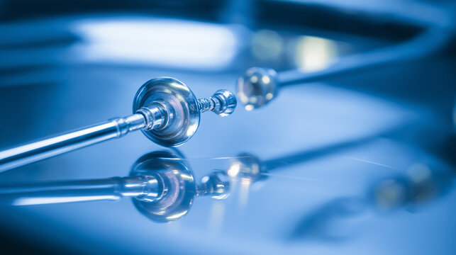 laparoscope. Slender laparoscope with polished metal surface reflecting light, on a medical tray with professional lighting. product launch decks.