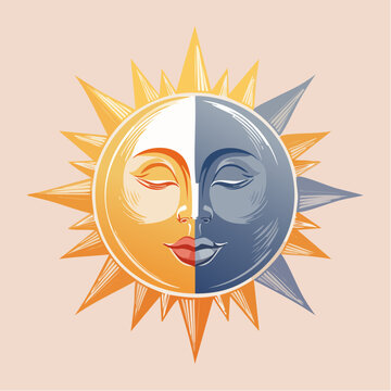A symbolic illustration of sun and moon faces.