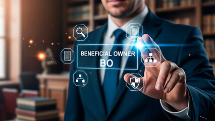 A business man with the word BENEFICIAL OWNER on holographic concept of finance and business.