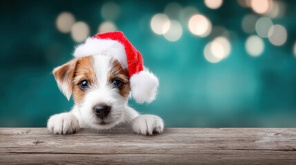 Adorable puppy wearing a festive hat peeks over a wooden surface against a bright background