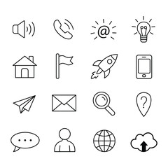 set of sixteen minimalist line art icons designed for various communication, web, and business applications