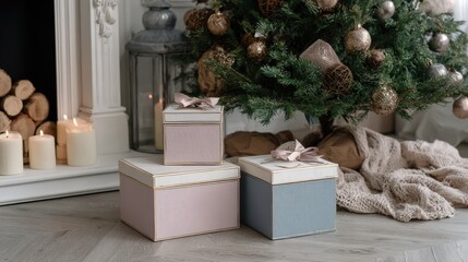 Three elegantly wrapped presents sit beneath a decorated evergreen tree near a cozy fireplace setting.