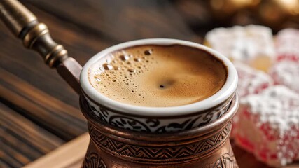 A closeup shot of a traditional copper cezve filled with rich dark and frothy Turkish coffee beautifully presented on a rustic wooden table evoking a warm and authentic cultural experience with blurr.