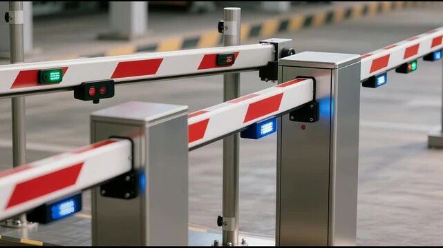Close-up of automatic barrier in underground parking, white boom with red reflectors on metal posts with LED signals, illustrating secure vehicle access and parking management system