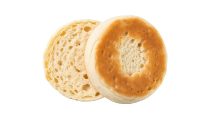 Isolated English muffin halves, toasted for breakfast, brunch, bakery or restaurant setting