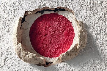 Bright red circle painted behind crumbling white wall, damaged concrete surface texture