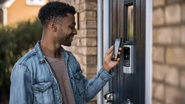 Installer testing twoway audio on a cloudconnected video doorbell at a residential front door