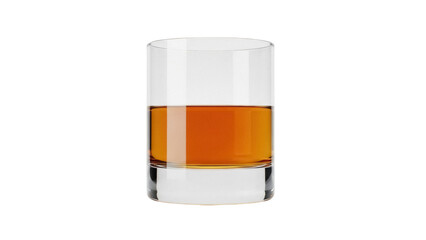 Isolated glass of amber-colored liquor, possibly whiskey, in a rocks glass, half-filled