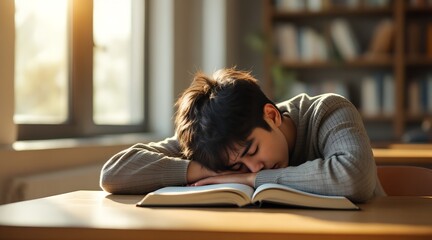 Young male student sleeping on an open book at a desk in warm sunlight for study fatigue concept and academic exhaustion