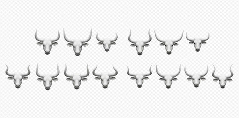 Set of vector illustrations of bull skulls with horns on transparent background.