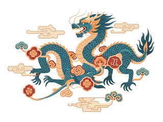 Traditional Chinese Dragon Illustration Majestic Creature Amidst Clouds and Floral Elements