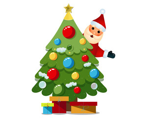 Cute Santa Claus Peeking from Behind Christmas Tree with Gifts Isolated on White Background
