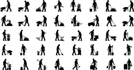 Gardener and landscaping worker silhouettes set showing gardening tools wheelbarrow planting watering outdoor lawn care black vector illustration isolated