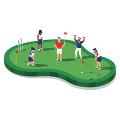 Fototapeta premium Group of People Playing Miniature Golf on Green Island.