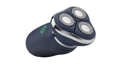 Isolated electric rotary shaver tool in dark blue with silver accents, personal grooming aid