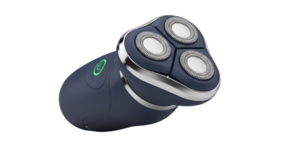 Isolated electric rotary shaver tool in dark blue with silver accents, personal grooming aid