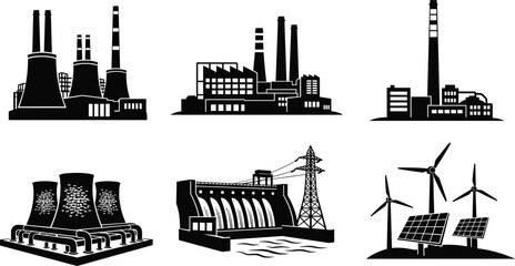 Power generation silhouettes set, industrial factories nuclear hydro wind solar energy plants, electricity production infrastructure, black and white illustration, isolated vector collection