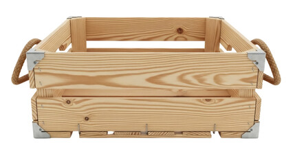 Isolated wooden crate with rope handles and metal corner protectors, container for storage