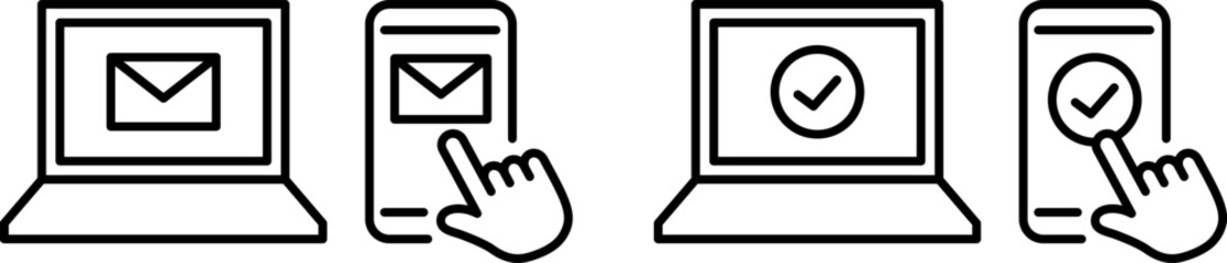 スマートフォンとノートパソコンのアイコン。メール、イーメール、承認。（Smartphone and laptop icons. Mail, email, approval.）
