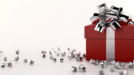 A beautifully wrapped red gift box with a shiny silver ribbon sits on a light background, perfect for any festive event