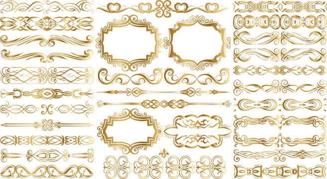 Collection of ornate antique gold baroque decorative elements and vintage victorian scrollwork dividers for design