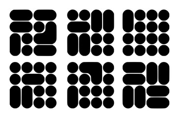 Black minimal geometric shapes pattern with circles and rounded rectangles editable