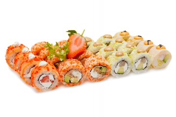 Assorted sushi rolls with salmon, avocado, and cream cheese, garnished with a fresh strawberry on a clean white background