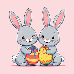 Vsai happy easter bunnies holding decorated eggs celebrating holiday