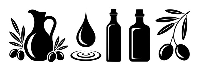 Black olive oil set with jug bottles and olives in drop