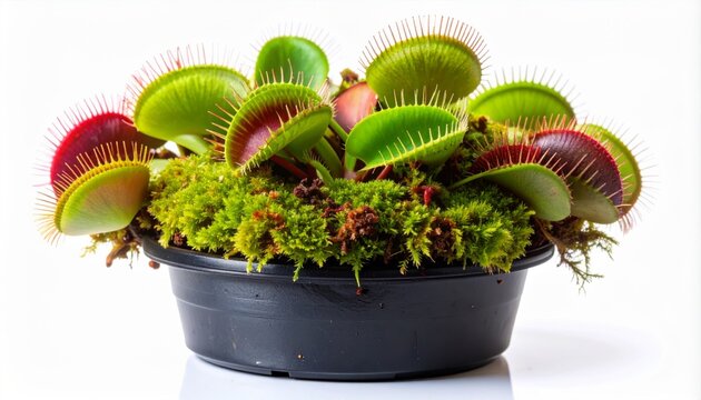 Venus Flytrap Plant in Black Pot Surrounded by Moss on White Background